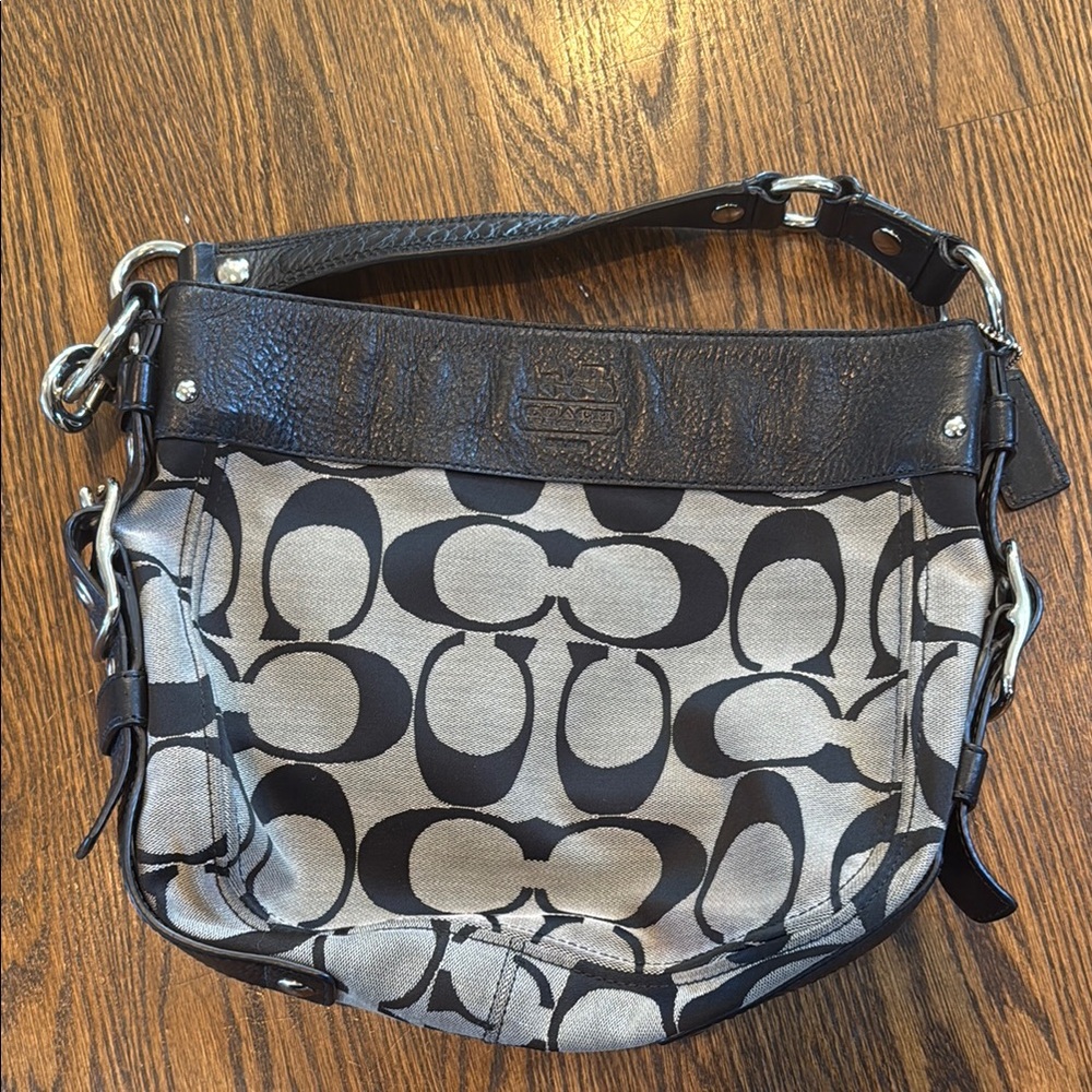 Coach Black and Gray Signature Shoulder Bag with Hobo Design
